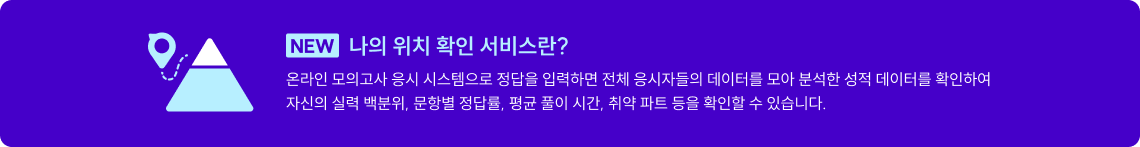 NEW 나의 위치 확인 서비스란? 온라인 모의고사 응시 시스템으로 정답을 입력하면 전체 응시자들의 데이터를 모아 분석한 성적 데이터를 확인하여자신의 실력 백분위, 문항별 정답률, 평균 풀이 시간, 취약 파트 등을 확인할 수 있습니다.NEW 나의 위치 확인 서비스란? 온라인 모의고사 응시 시스템으로 정답을 입력하면 전체 응시자들의 데이터를 모아 분석한 성적 데이터를 확인하여자신의 실력 백분위, 문항별 정답률, 평균 풀이 시간, 취약 파트 등을 확인할 수 있습니다.