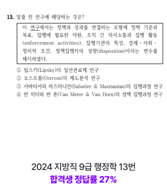 2024 지방직 9급 행정학 13번 합격생 정달률 27%