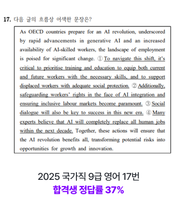 2025 국가직 9급 영어 17번 합격생 정달률 37%